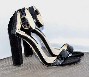 Chelsea Paris Boutique Black Suede Snakeskin Mid-Heel Sandals Size 6